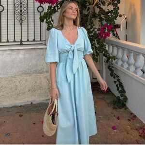 Light Blue Tie-Front Midi Dress